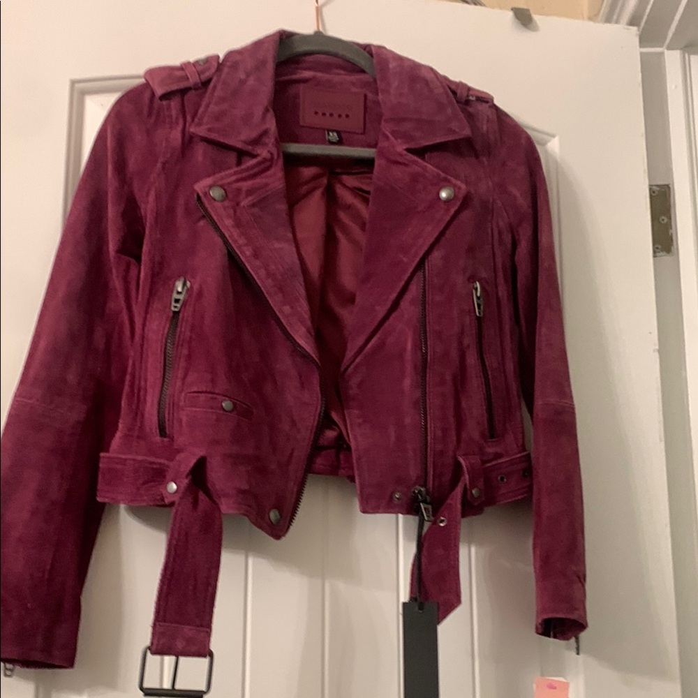Blank NYC Red Leather Moto Jacket with Notched Lapels